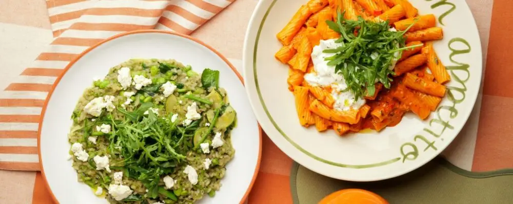 Wildwood pasta and risotto menu options featuring creamy Rigatoni alla Vodka with burrata and green Primavera Risott